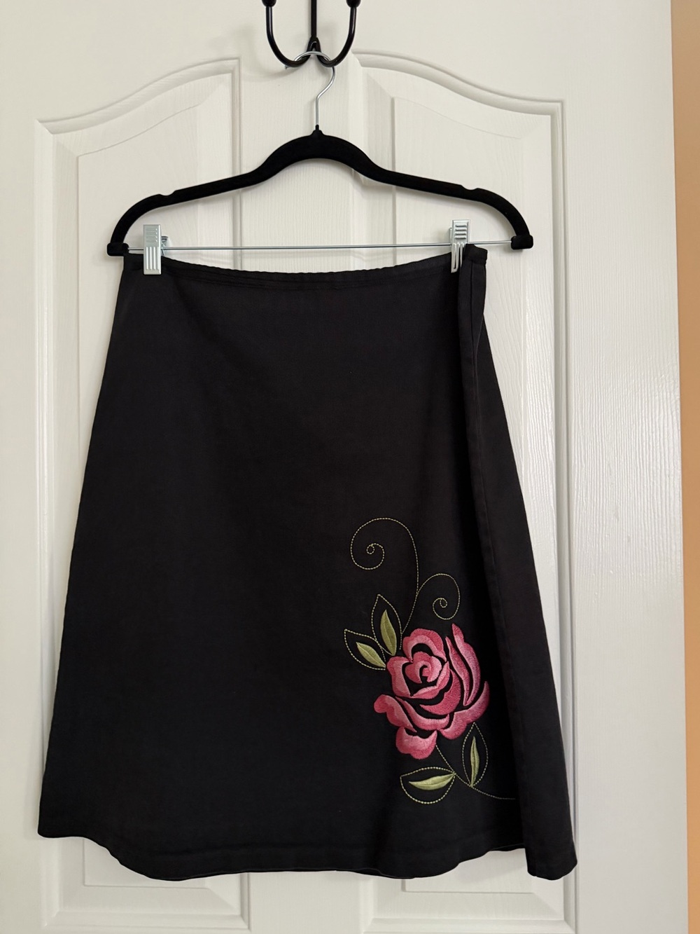 Black A-Line Skirt with Pink Rose Embroidery